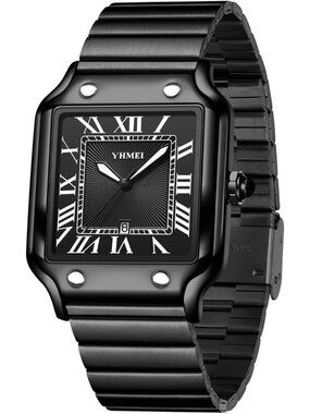 Unisex Black Classic Square Roman Numerals Analog Quartz Casual Wrist Watches